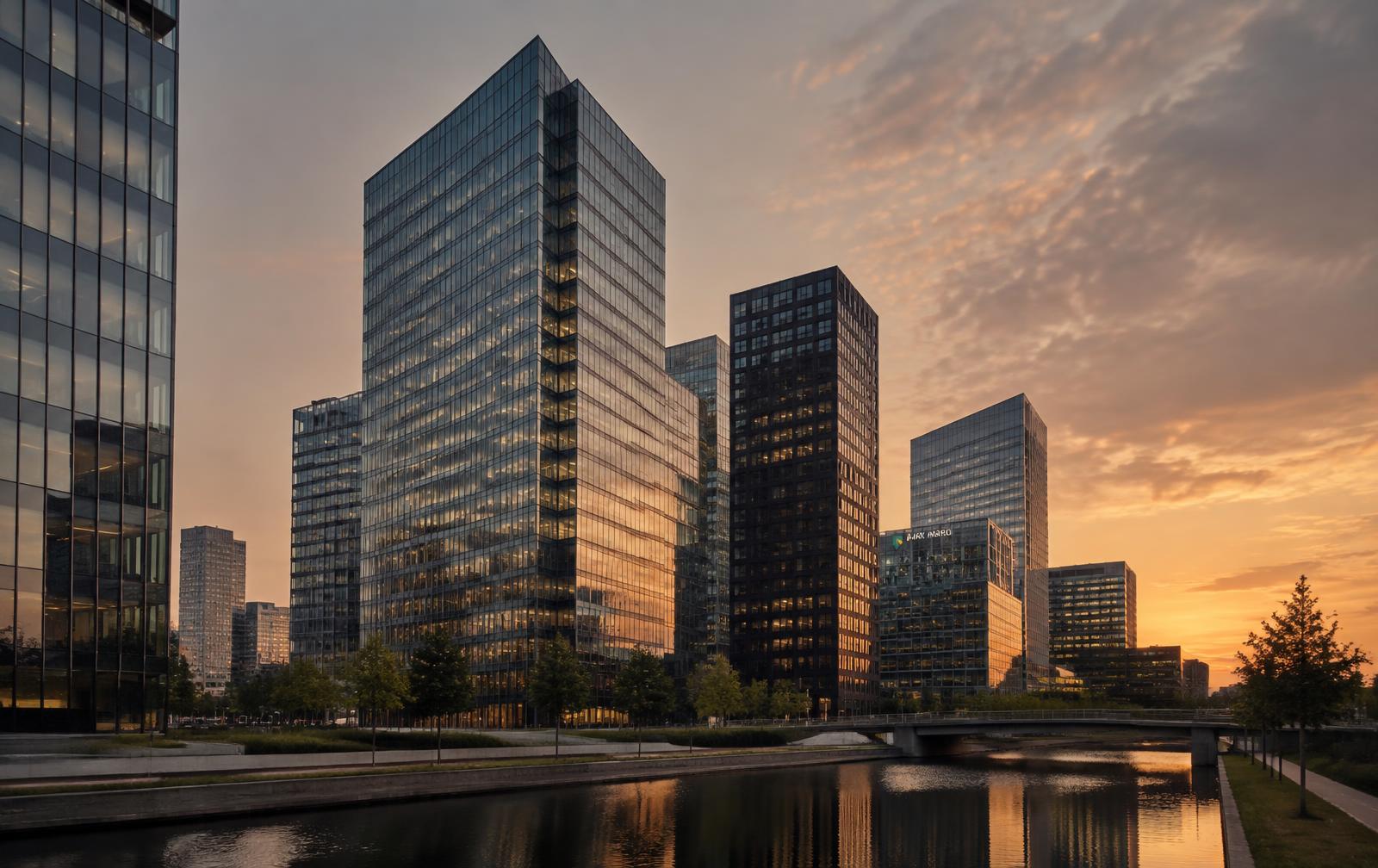 Office towers in a business district at sunset