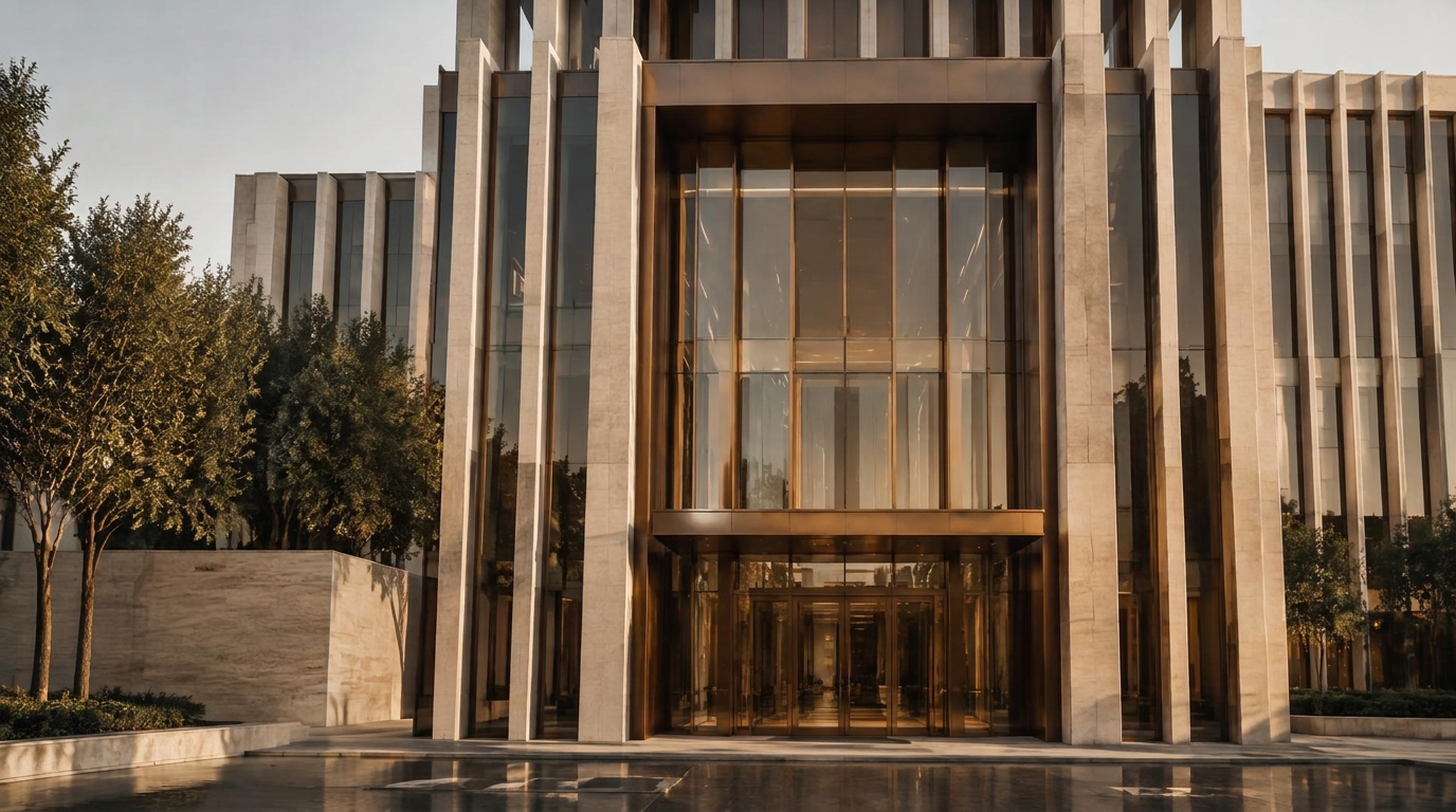 Facade of a representative headquarters in natural stone and glass