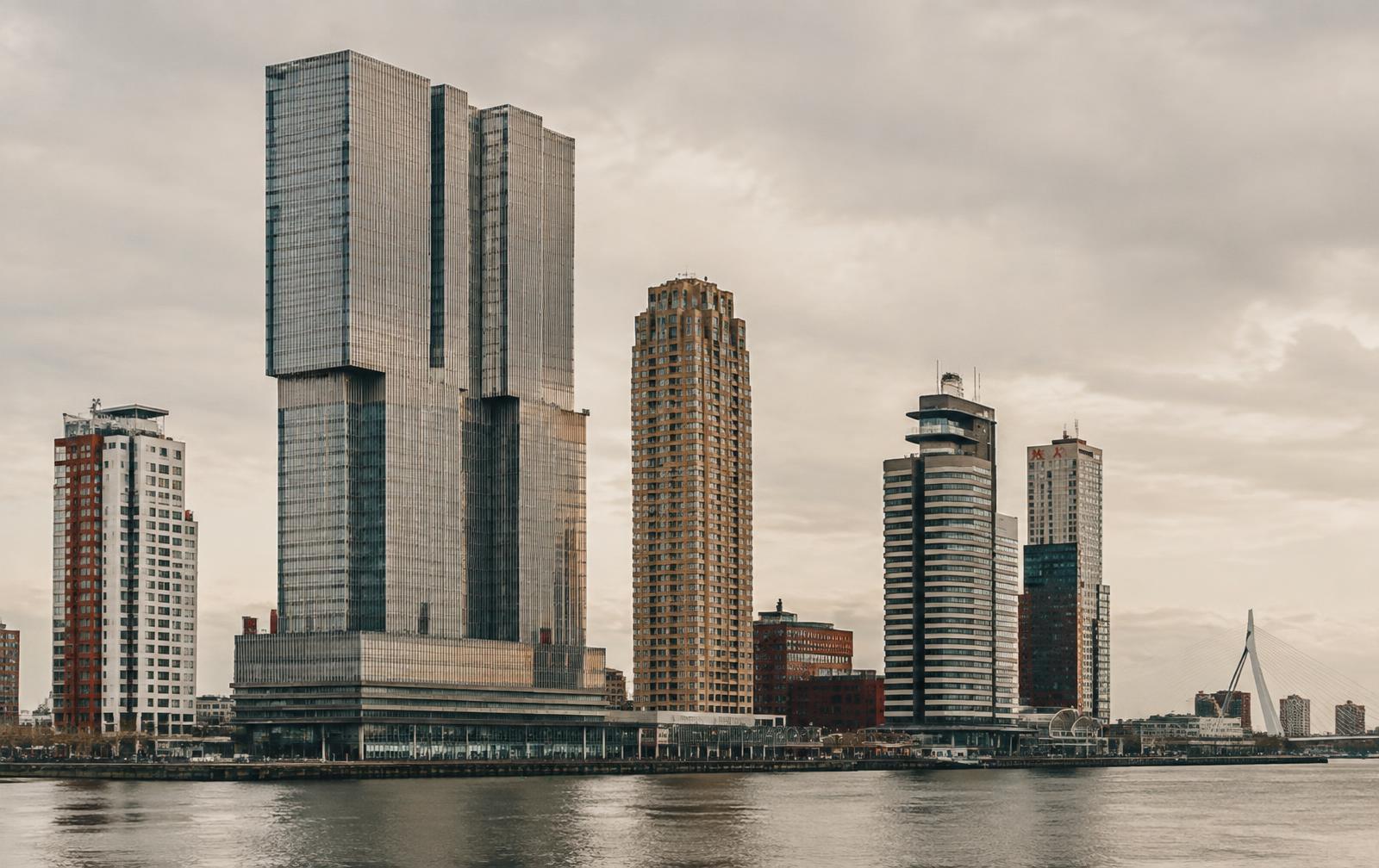 High-rise riverfront skyline in Rotterdam