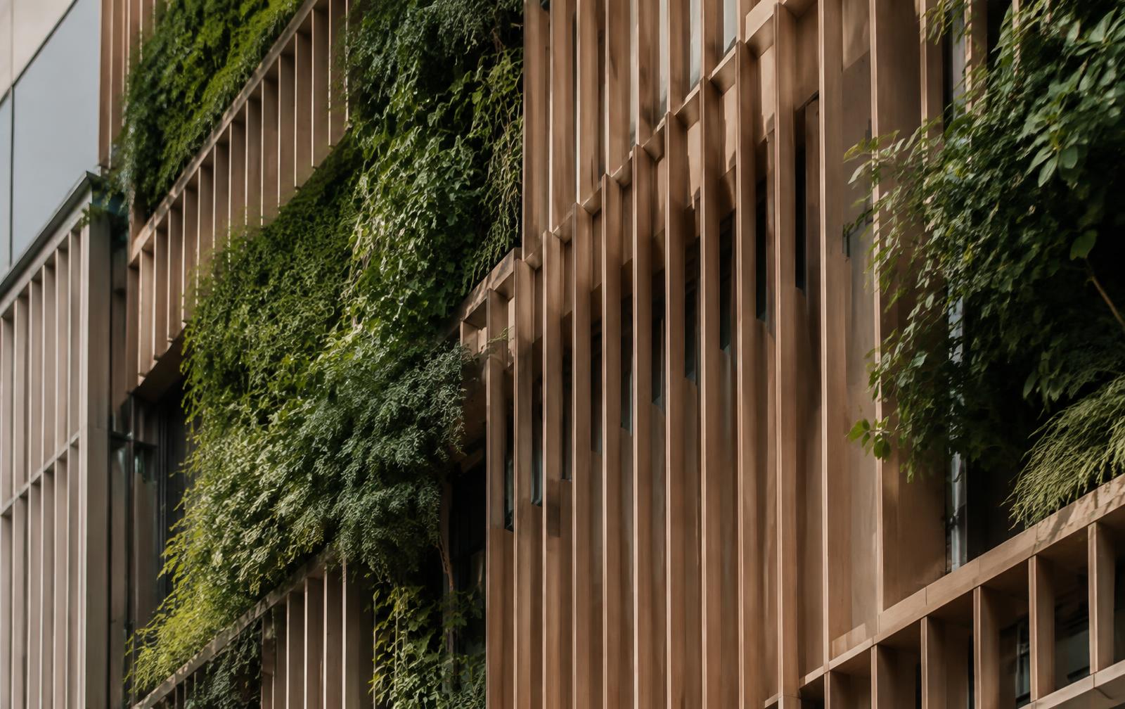 Duurzame gevel met houten lamellen en groen